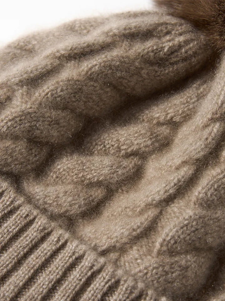 Hand-Knit Cashmere Beanie, Fur Pom
