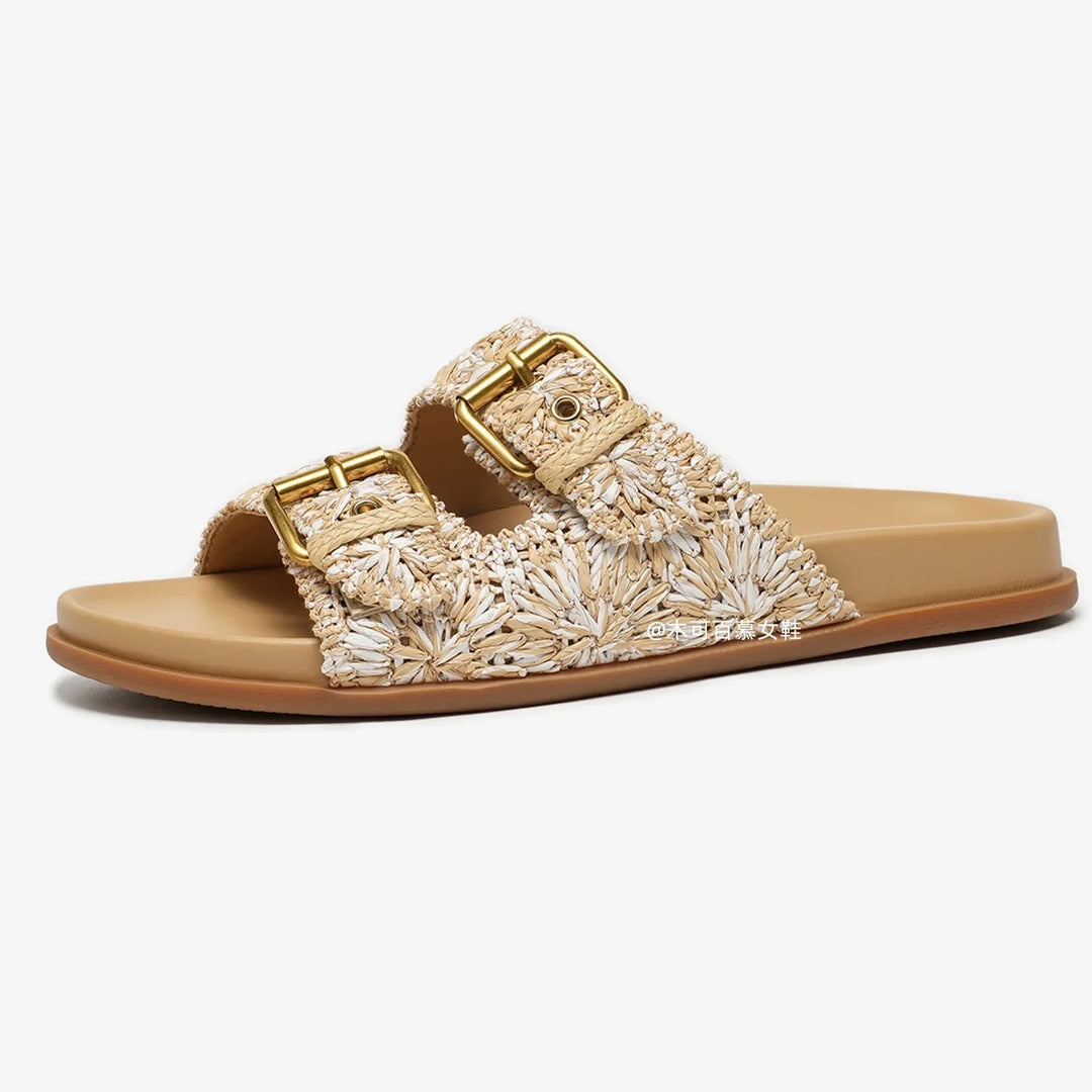 Sally | Woven Raffia Double Buckle Slides