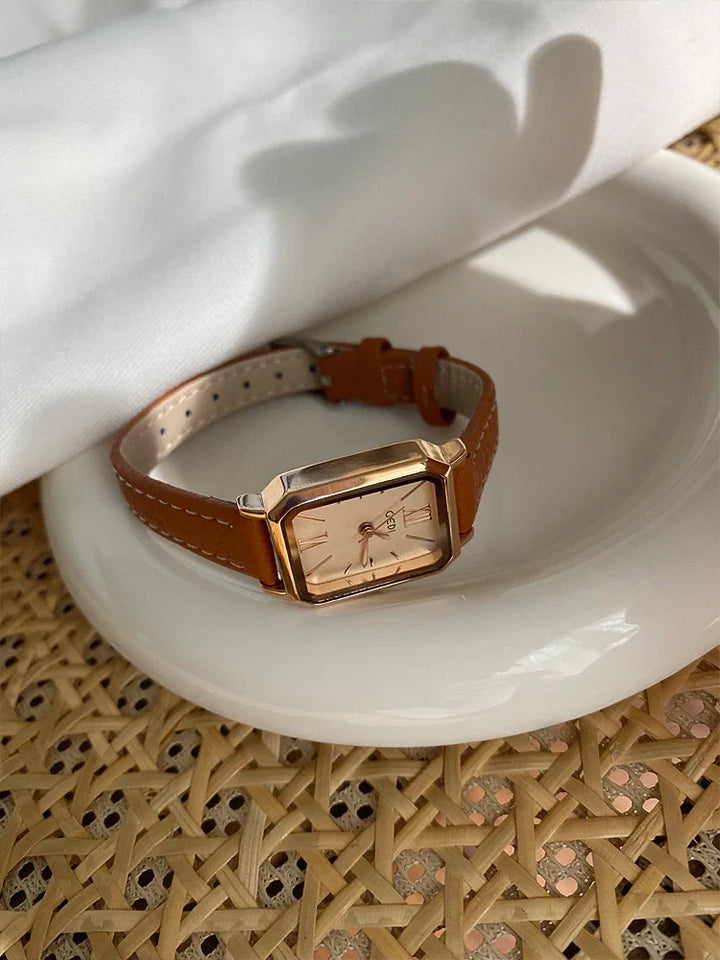 Rectangular Steel Watch, Leather Strap
