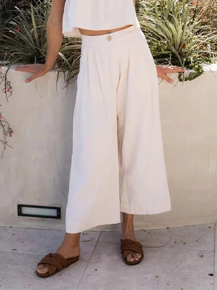 Olympie | Pleated Cotton Linen Culottes