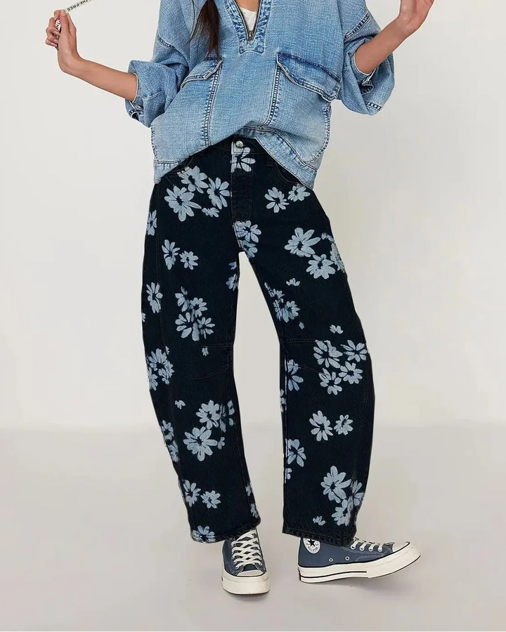 Celine | Printed Cotton Denim Wide Leg Jeans