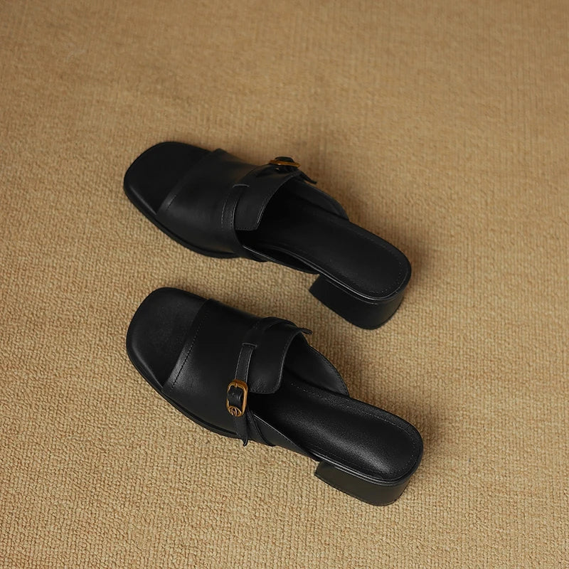 Gerardine | Leather Buckle Mid Heel Slides
