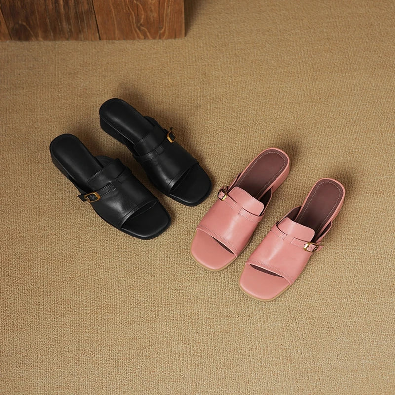 Gerardine | Leather Buckle Mid Heel Slides