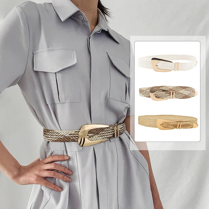 Woven Stretch Belt, Hooked Gold Buckle