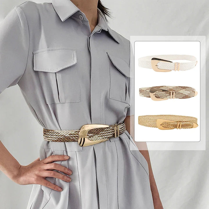 Woven Stretch Belt, Hooked Gold Buckle