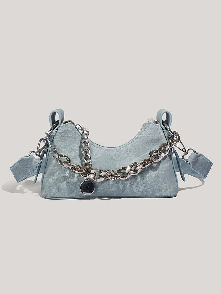 Textured Denim Bag, Heavy Chain Strap