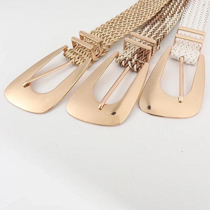 Woven Stretch Belt, Hooked Gold Buckle