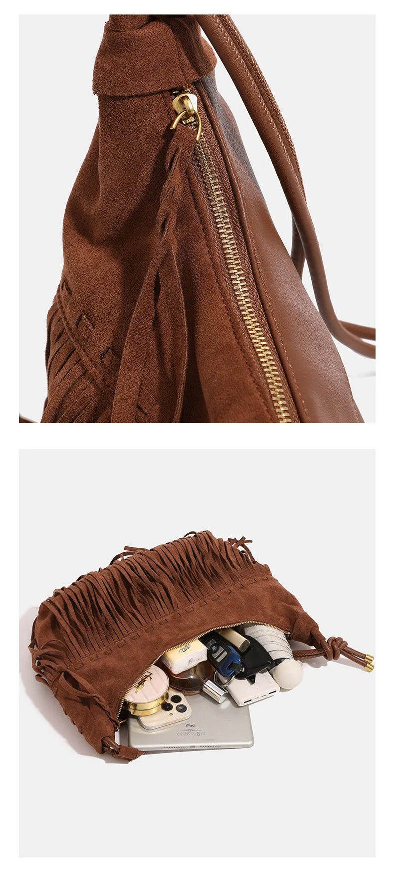 Suede Fringe Bag, Leather Seams
