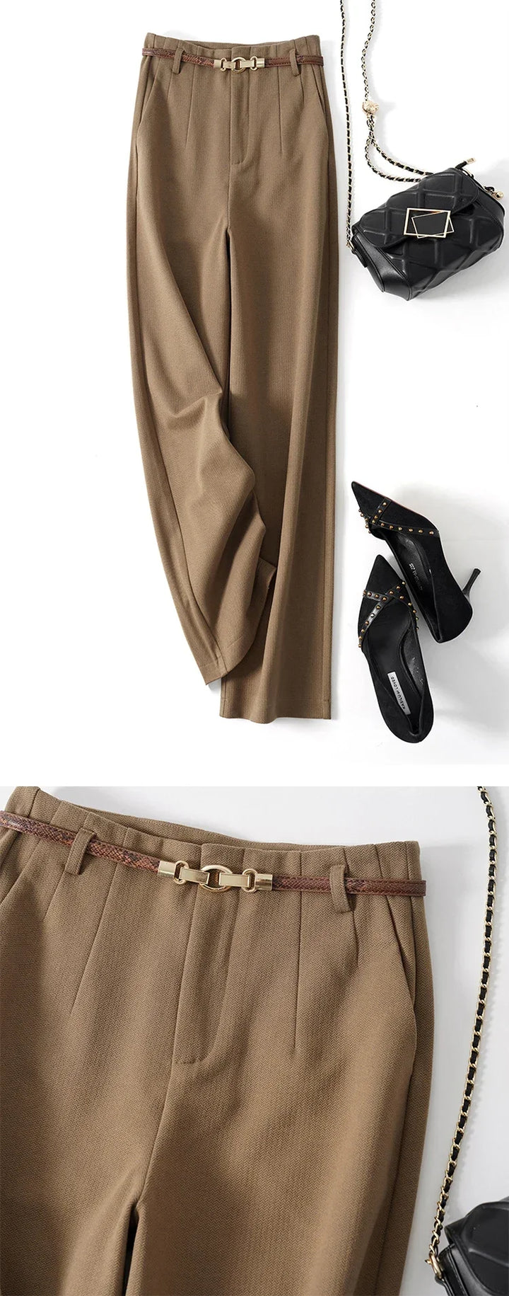 Adelia | 50% Wool Belted Wide Leg Trousers