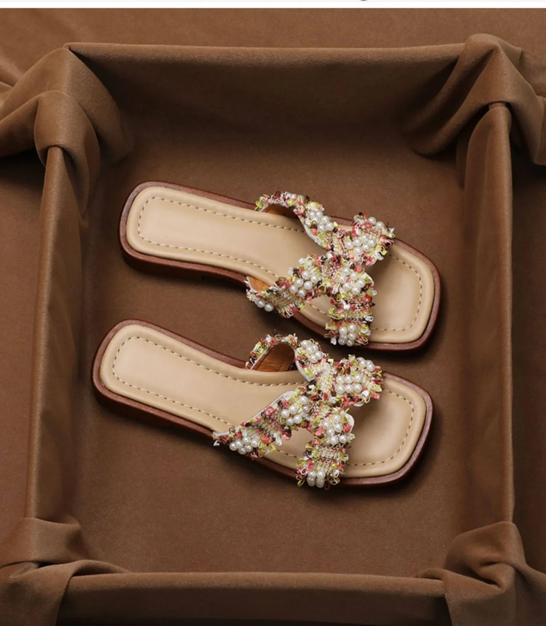 Inez | Pearl Detail Peep Toe Slides