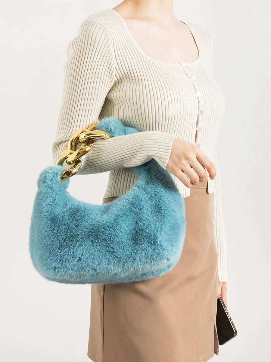 Faux Fur Crescent Bag, Chain Strap