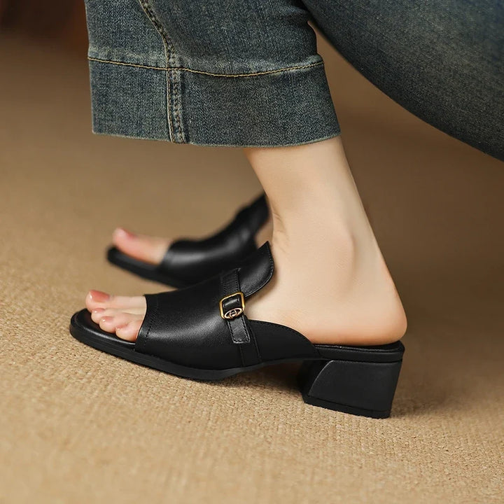 Gerardine | Leather Buckle Mid Heel Slides