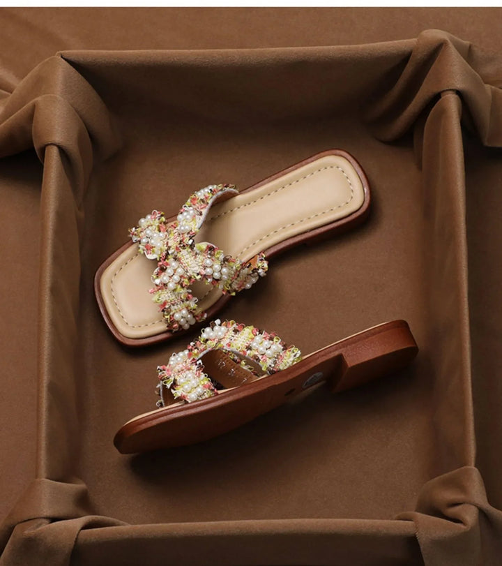 Inez | Pearl Detail Peep Toe Slides