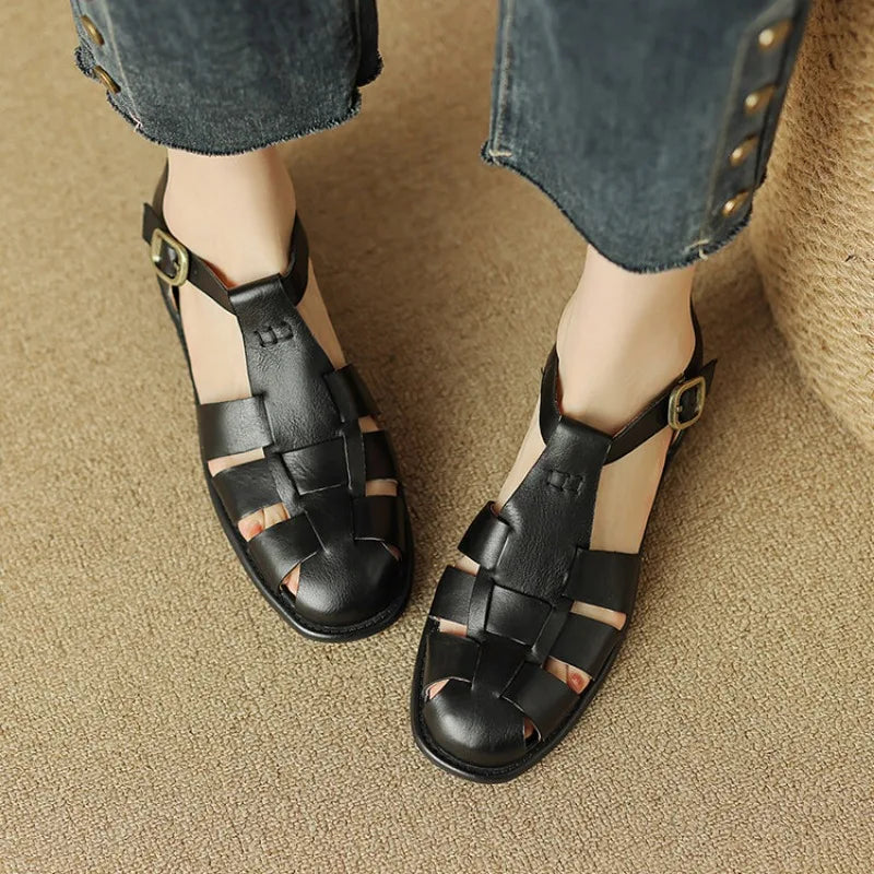 Arminda | Woven Leather T-Strap Sandals