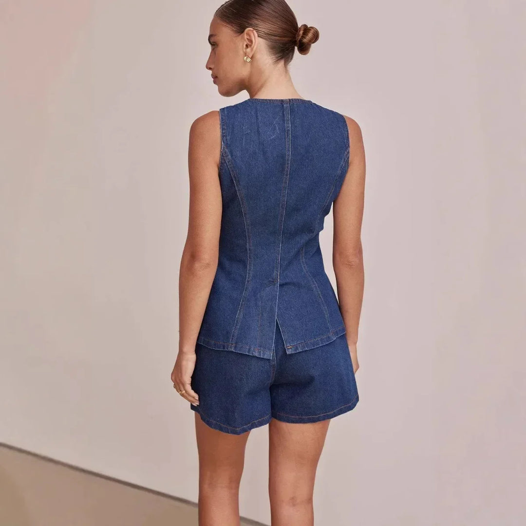 Desiree | 100% Cotton Denim Vest Set