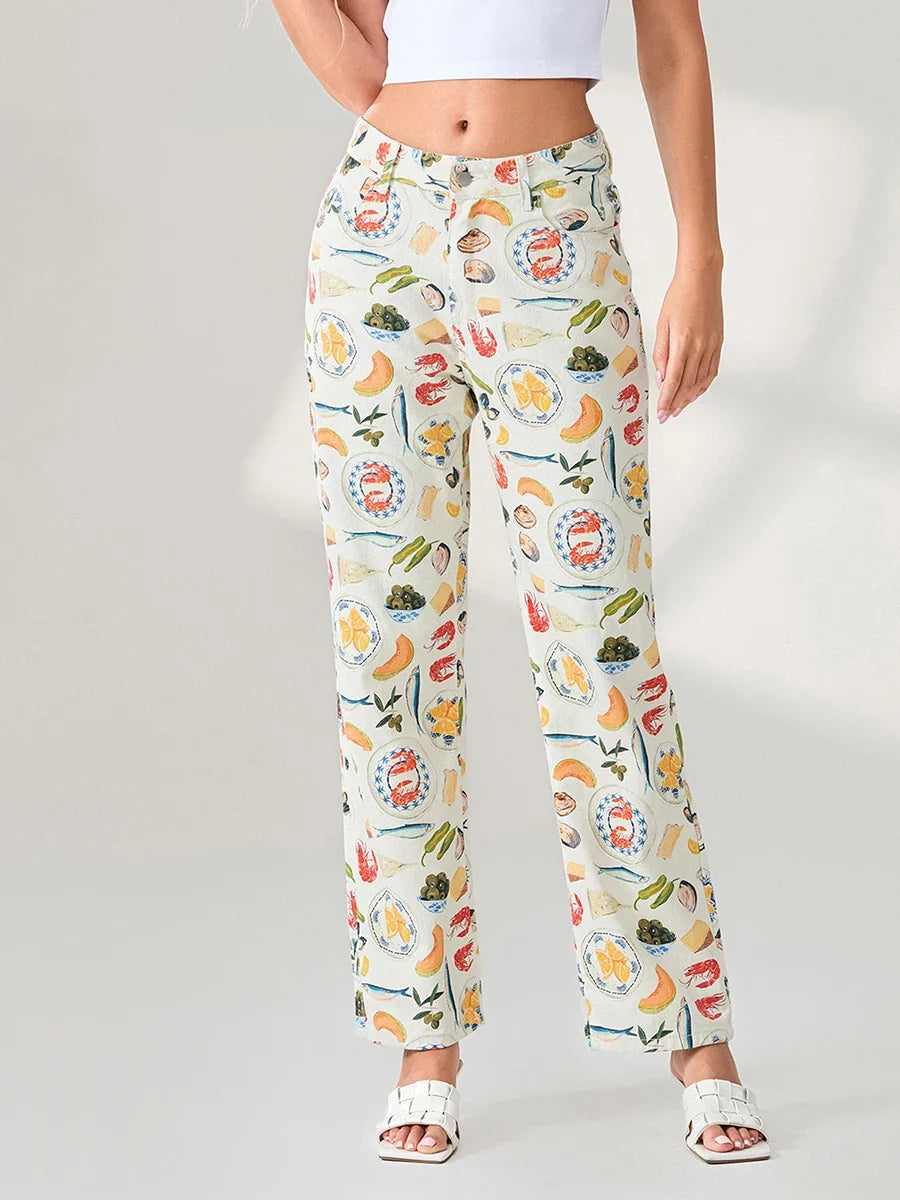 Marcelina | Printed Denim Straight Leg Jeans
