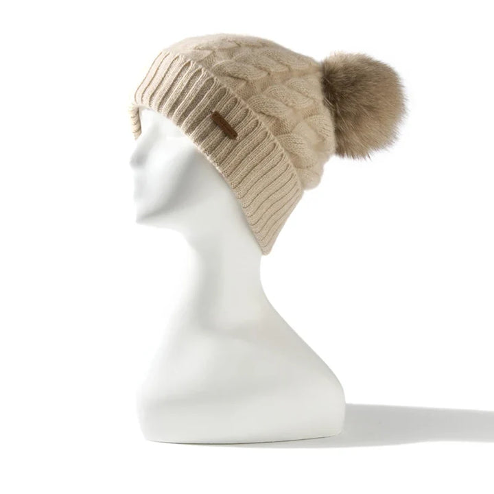 Hand-Knit Cashmere Beanie, Fur Pom