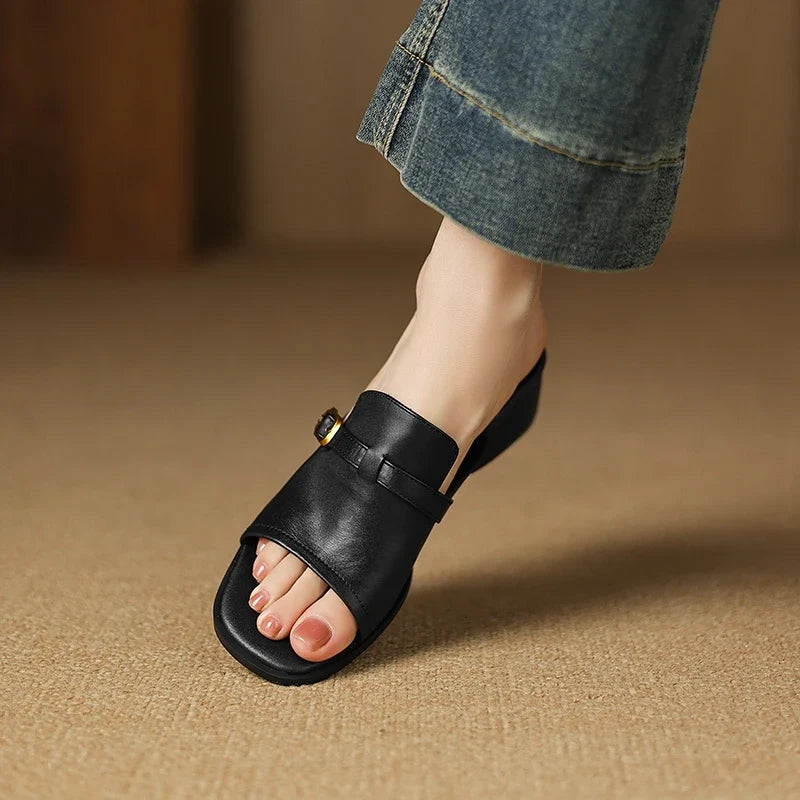 Gerardine | Leather Buckle Mid Heel Slides