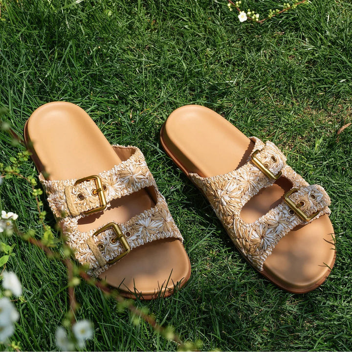 Sally | Woven Raffia Double Buckle Slides