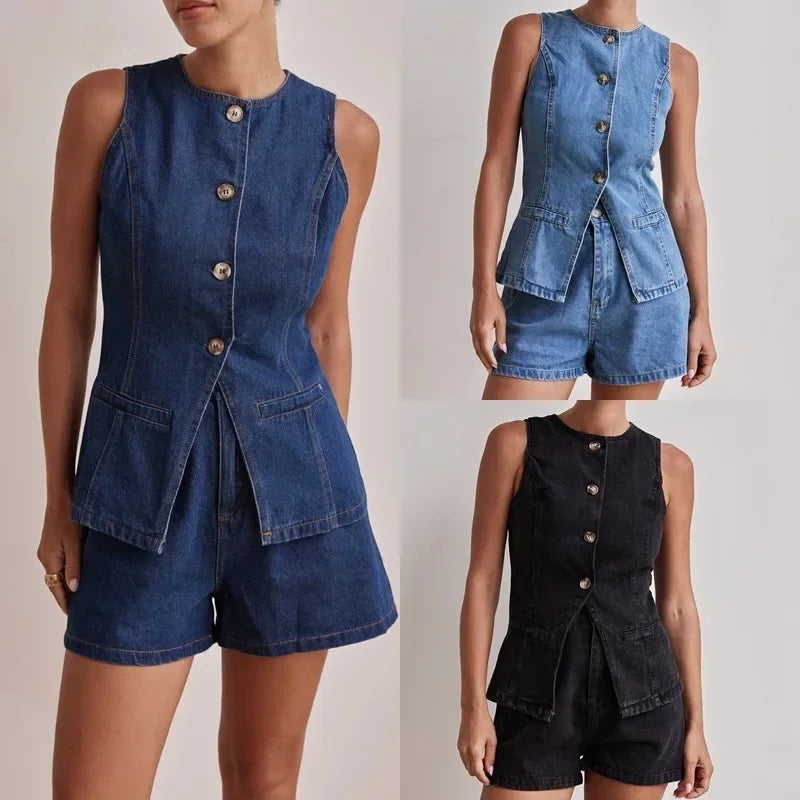 Desiree | 100% Cotton Denim Vest Set