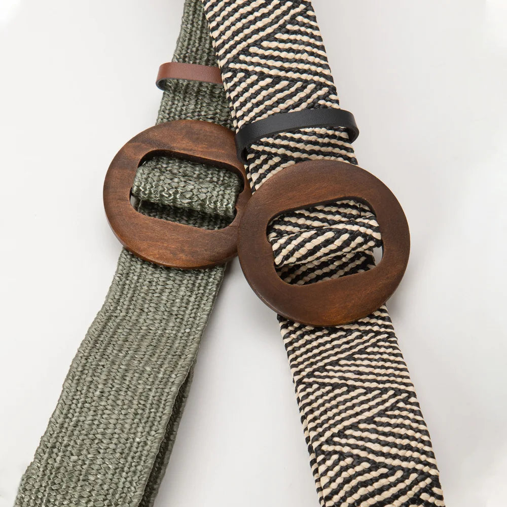 Woven Straw Belt, Wood Ring Buckle