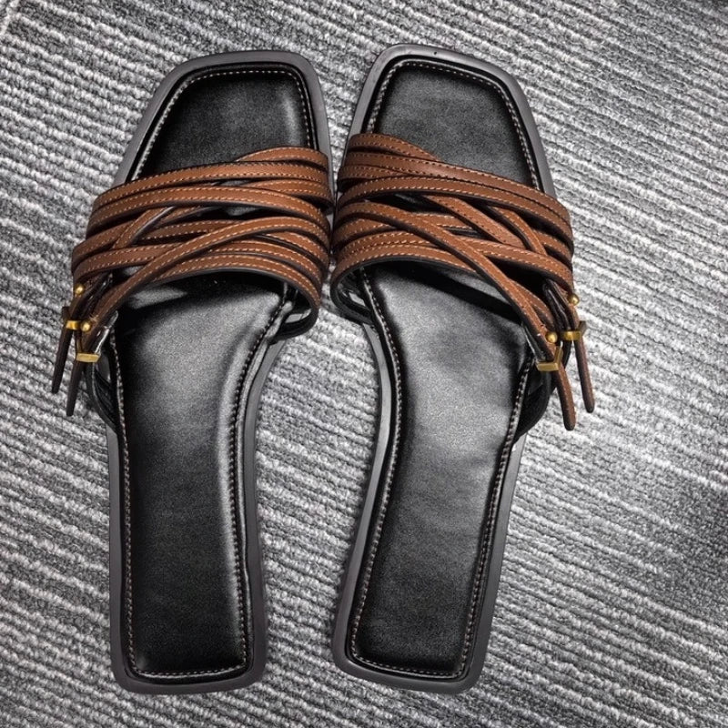 Venise | Leather Square Toe Buckle Slides