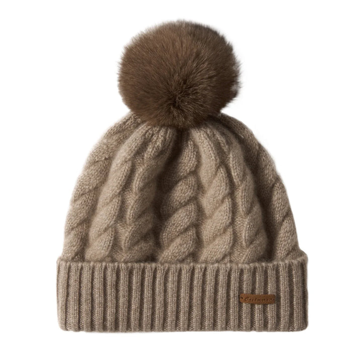 Hand-Knit Cashmere Beanie, Fur Pom