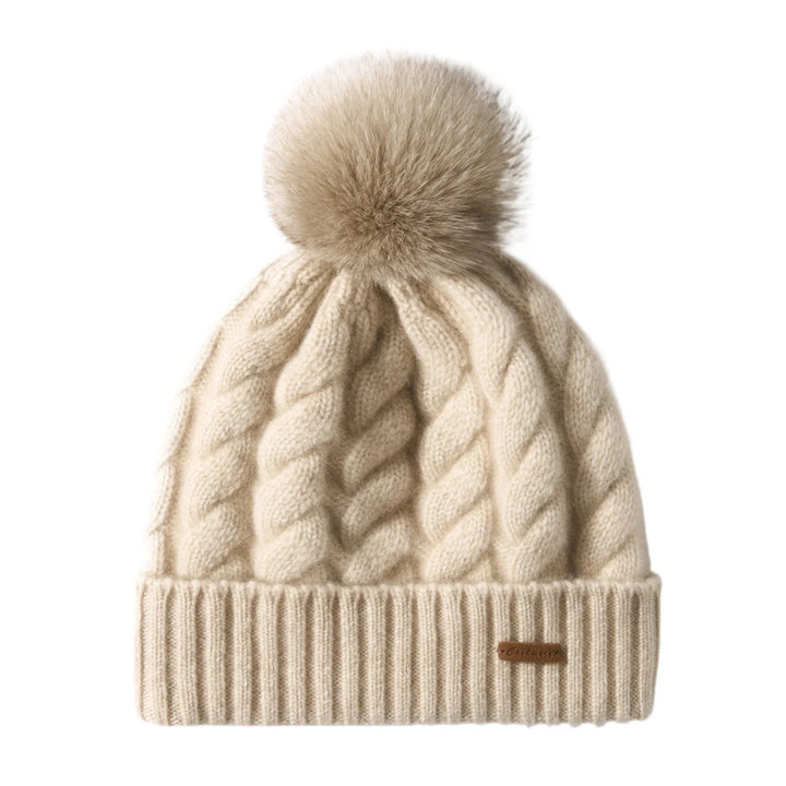 Hand-Knit Cashmere Beanie, Fur Pom