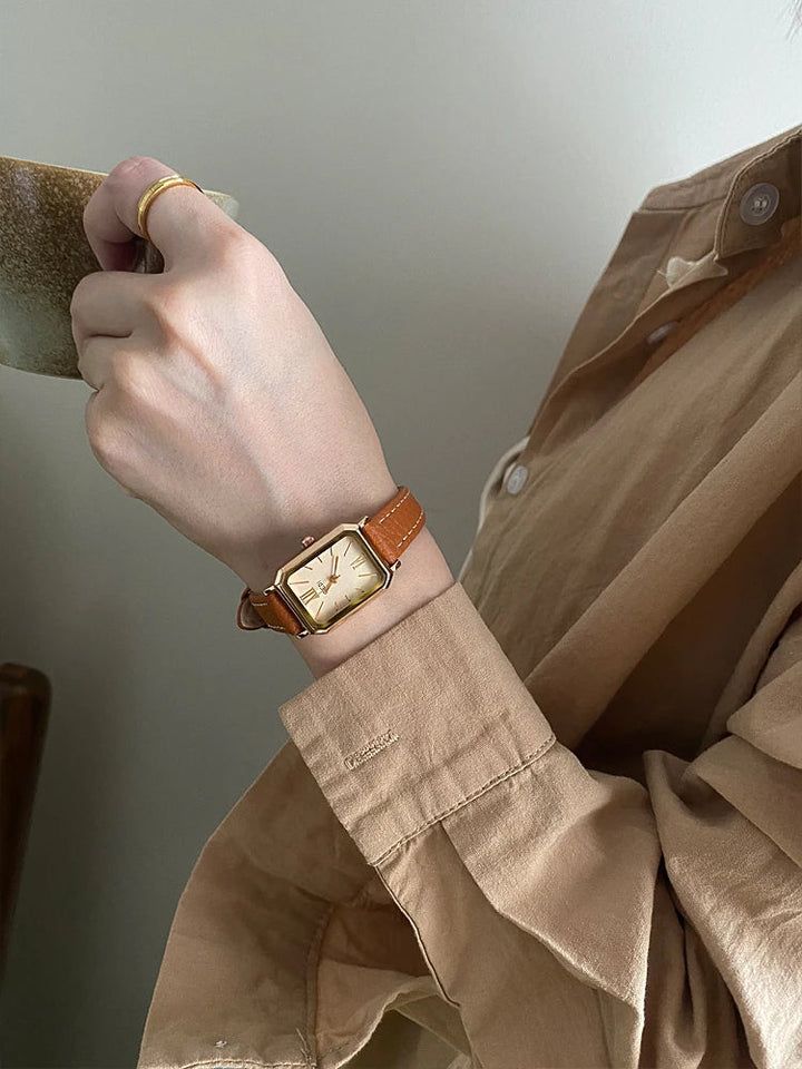 Rectangular Steel Watch, Leather Strap