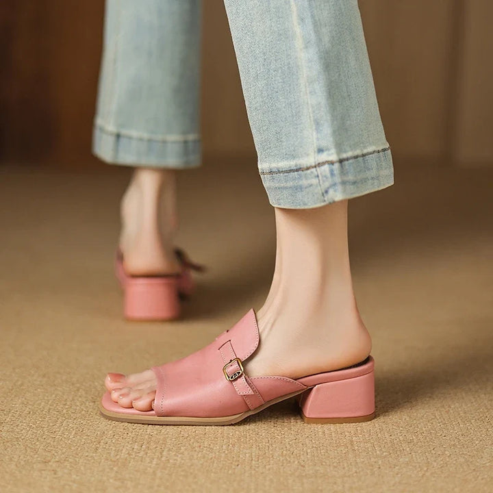 Gerardine | Leather Buckle Mid Heel Slides