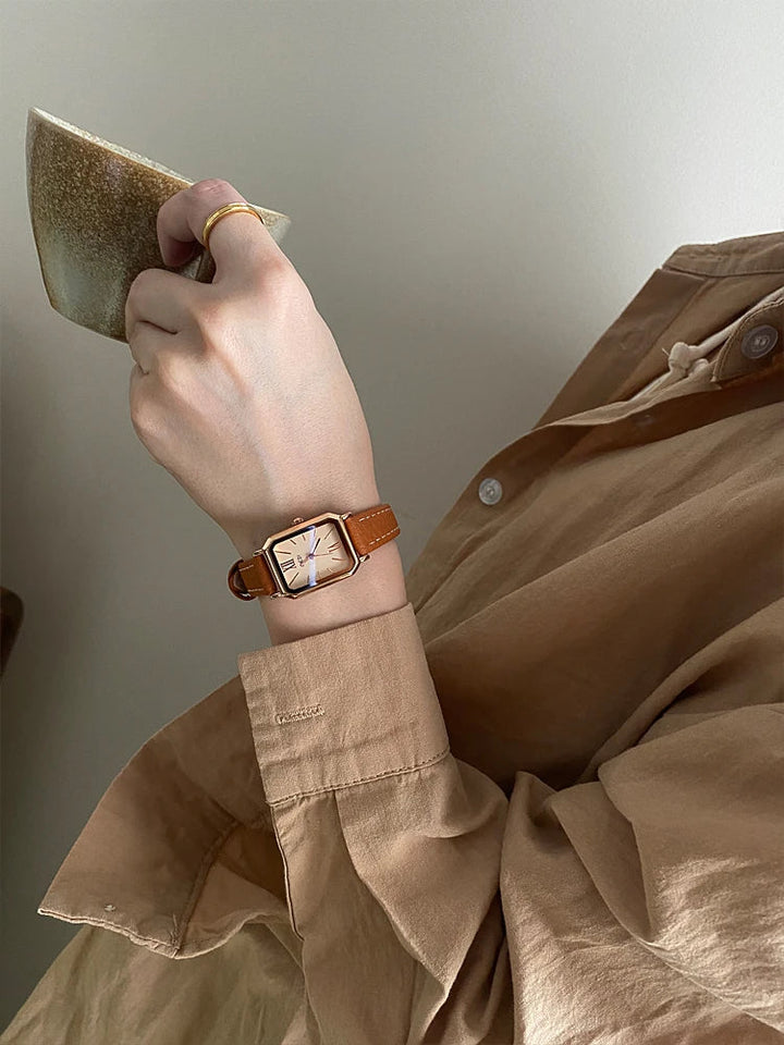 Rectangular Steel Watch, Leather Strap