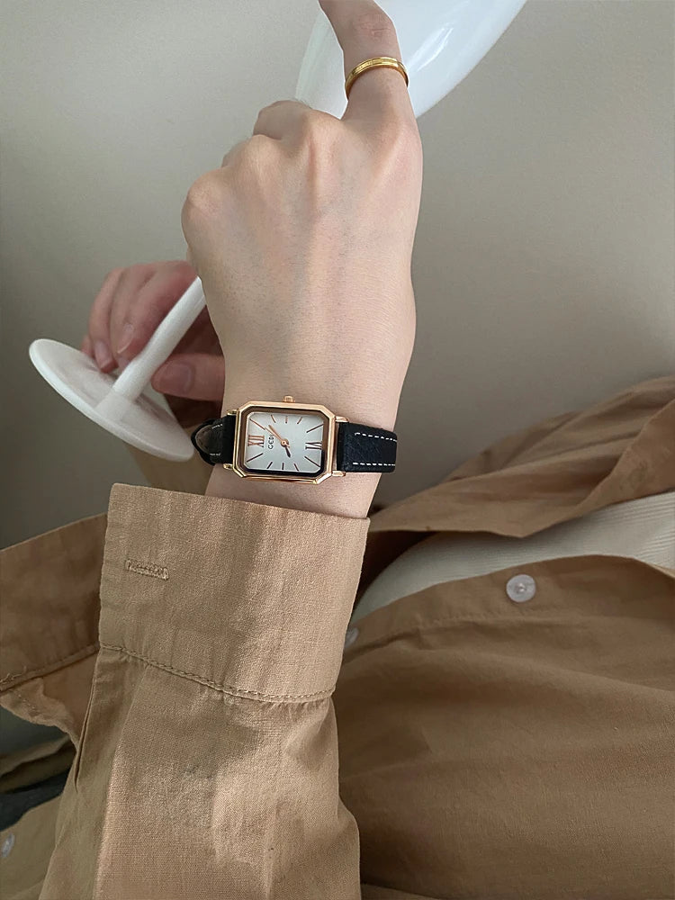 Rectangular Steel Watch, Leather Strap