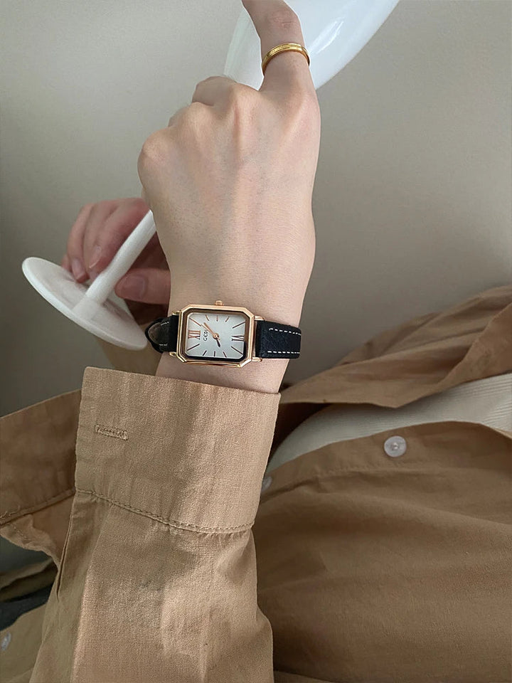 Rectangular Steel Watch, Leather Strap