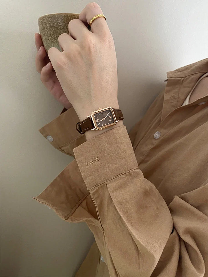 Rectangular Steel Watch, Leather Strap