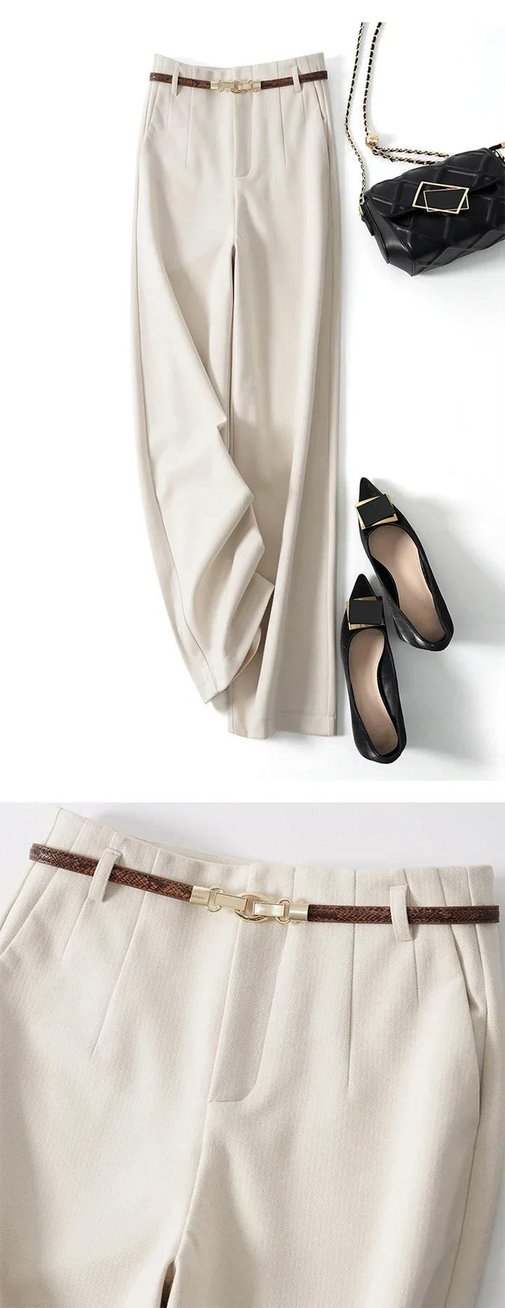 Adelia | 50% Wool Belted Wide Leg Trousers