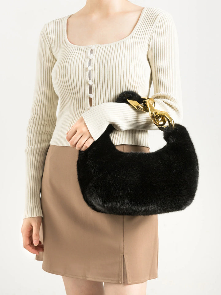 Faux Fur Crescent Bag, Chain Strap