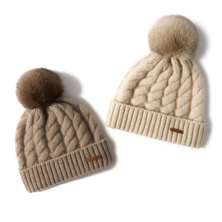 Hand-Knit Cashmere Beanie, Fur Pom