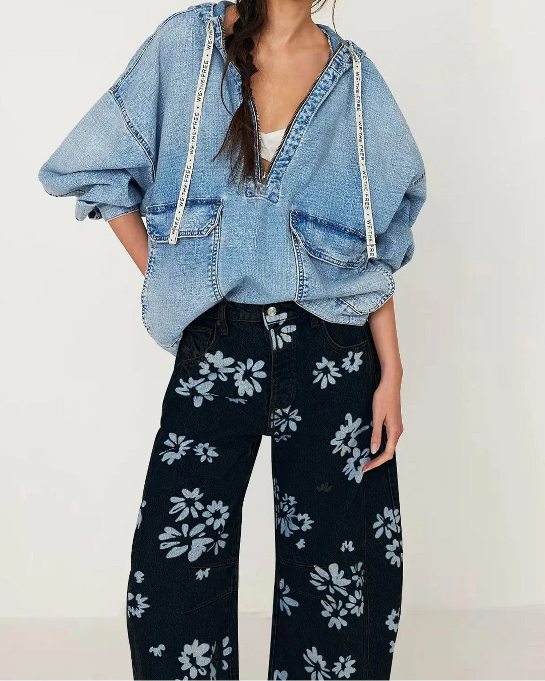Celine | Printed Cotton Denim Wide Leg Jeans