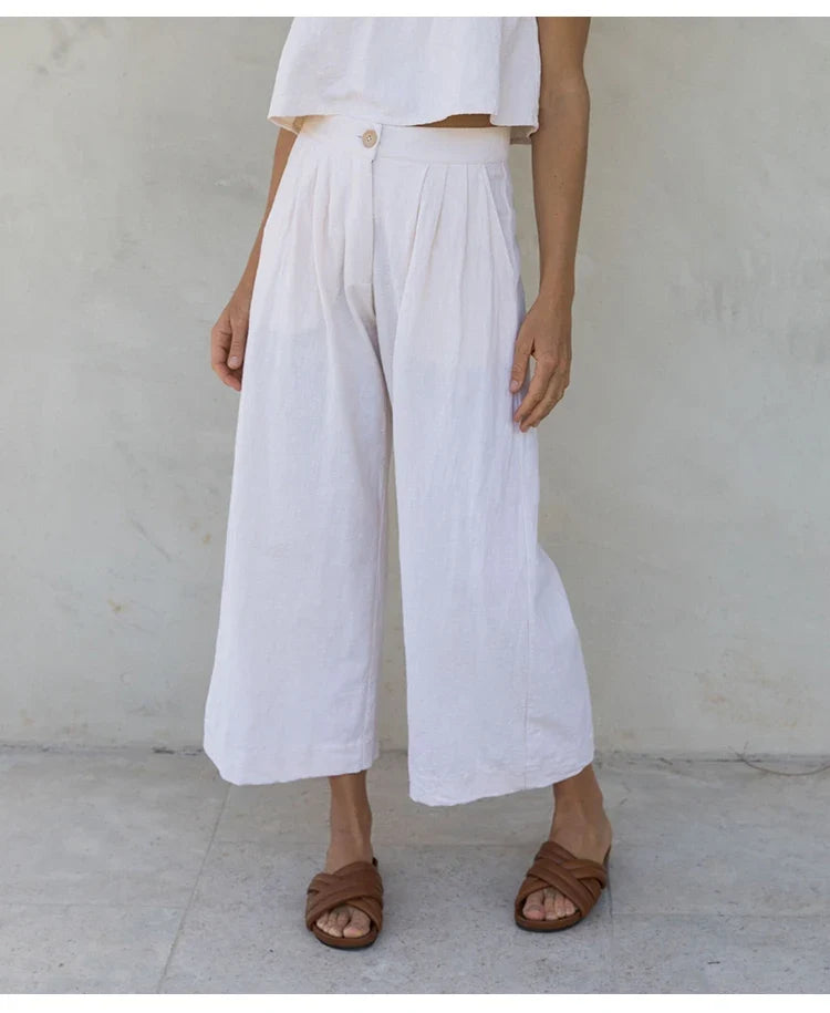 Olympie | Pleated Cotton Linen Culottes
