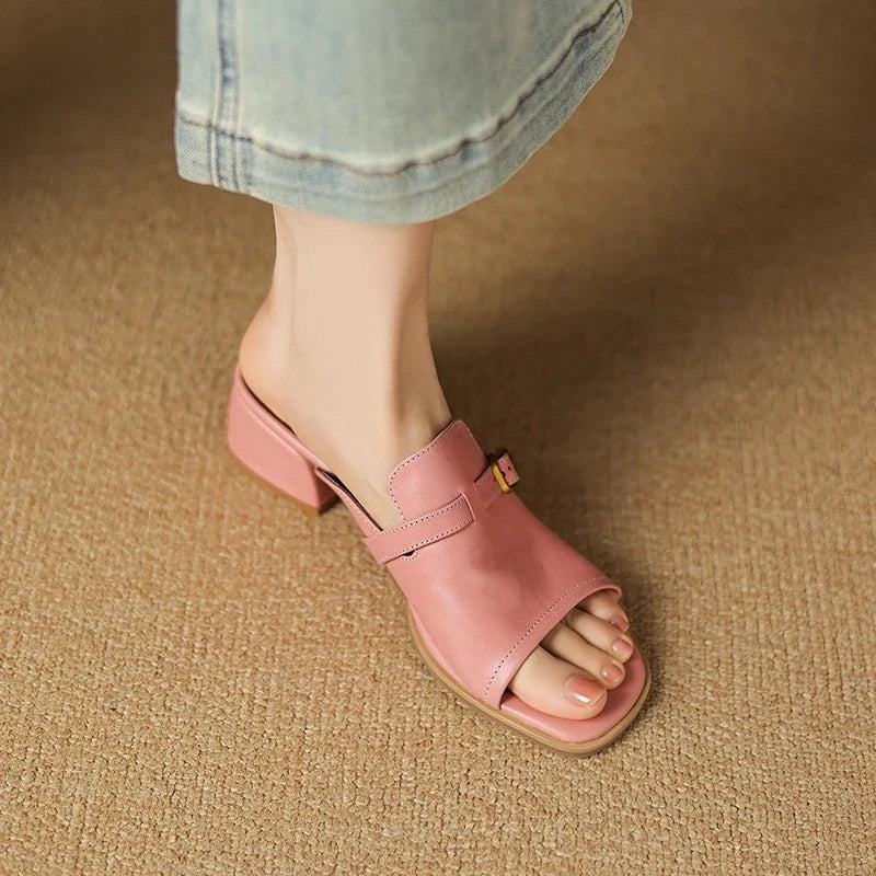 Gerardine | Leather Buckle Mid Heel Slides