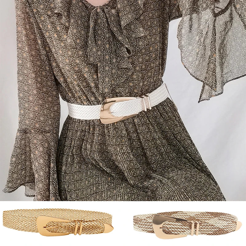 Woven Stretch Belt, Hooked Gold Buckle