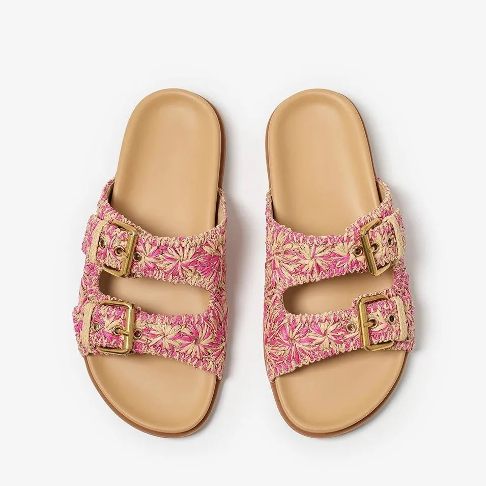 Sally | Woven Raffia Double Buckle Slides