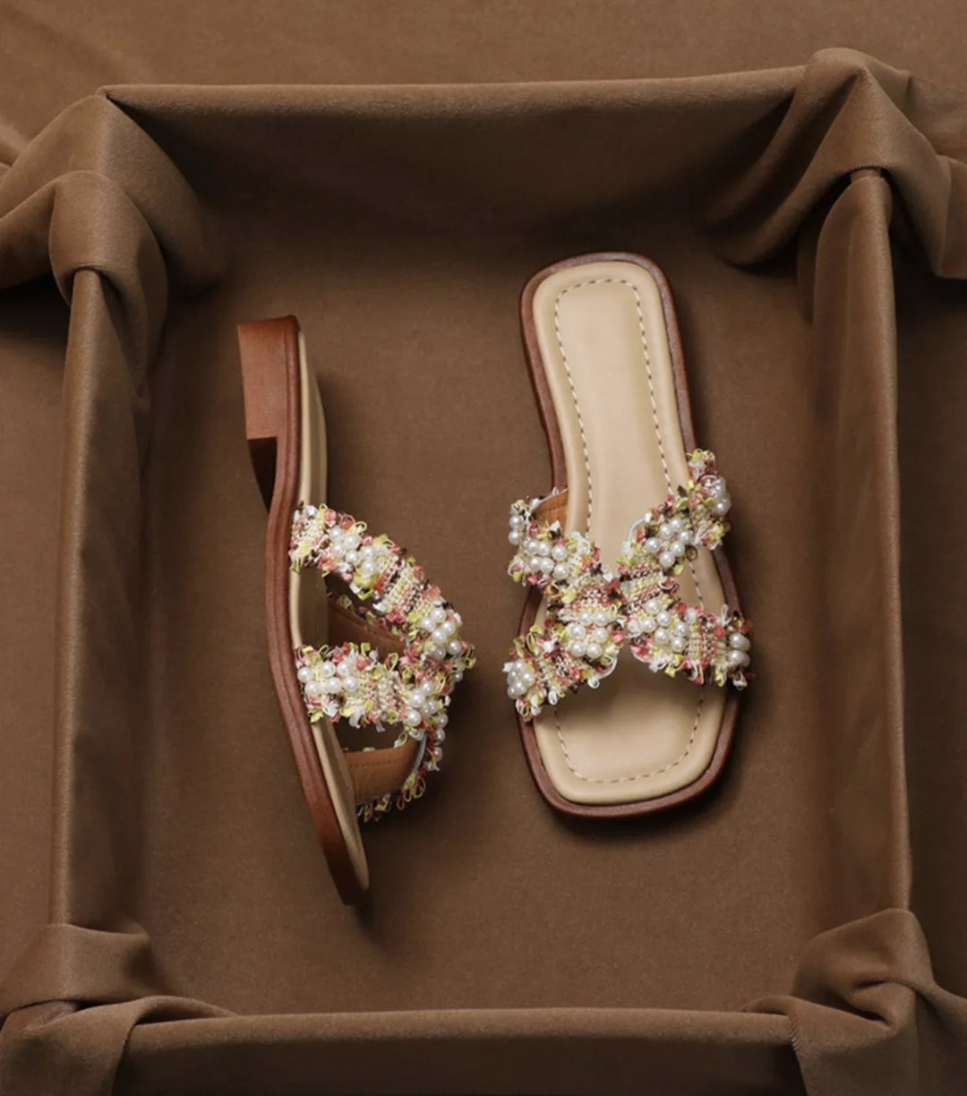 Inez | Pearl Detail Peep Toe Slides