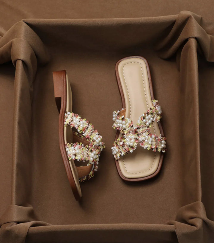 Inez | Pearl Detail Peep Toe Slides