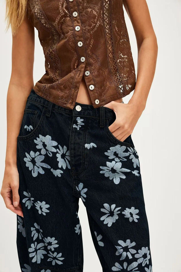 Celine | Printed Cotton Denim Wide Leg Jeans