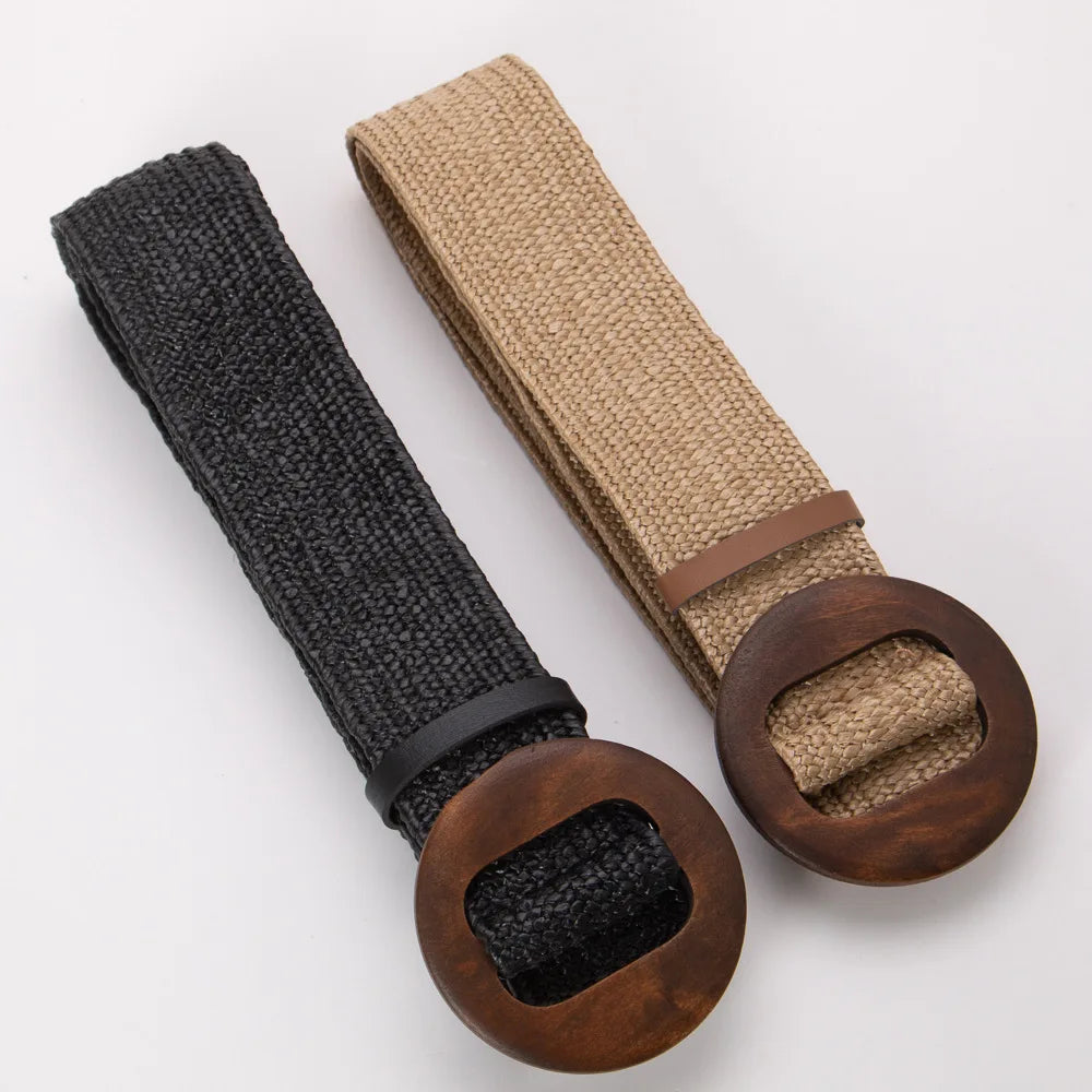 Woven Straw Belt, Wood Ring Buckle