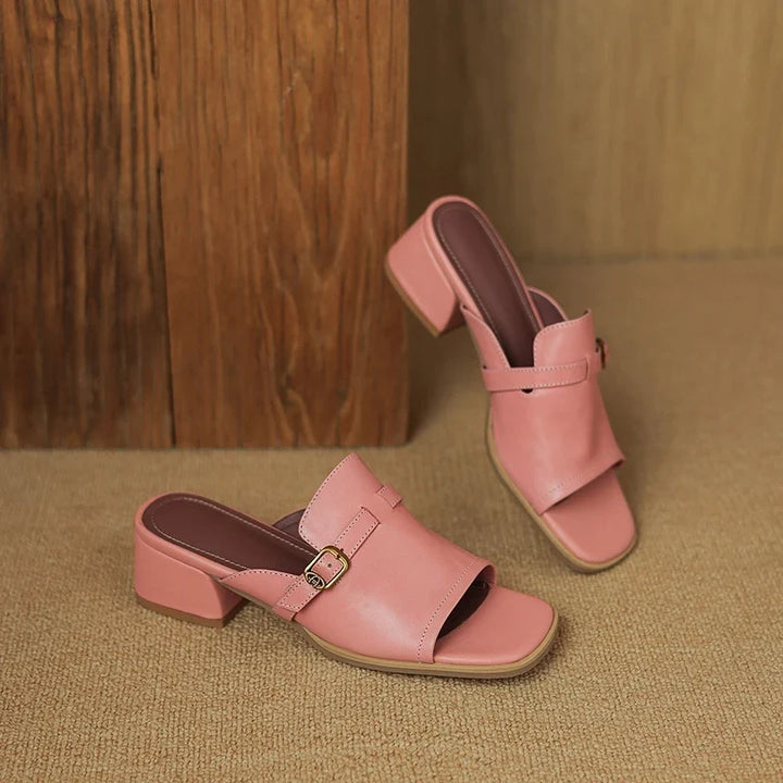 Gerardine | Leather Buckle Mid Heel Slides