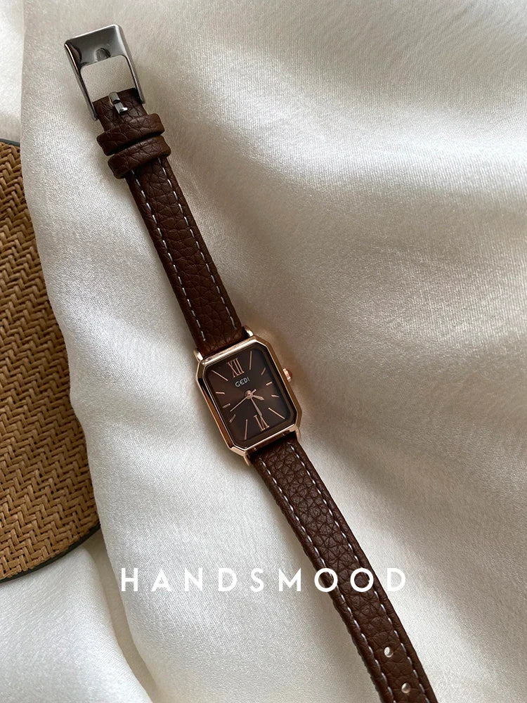 Rectangular Steel Watch, Leather Strap