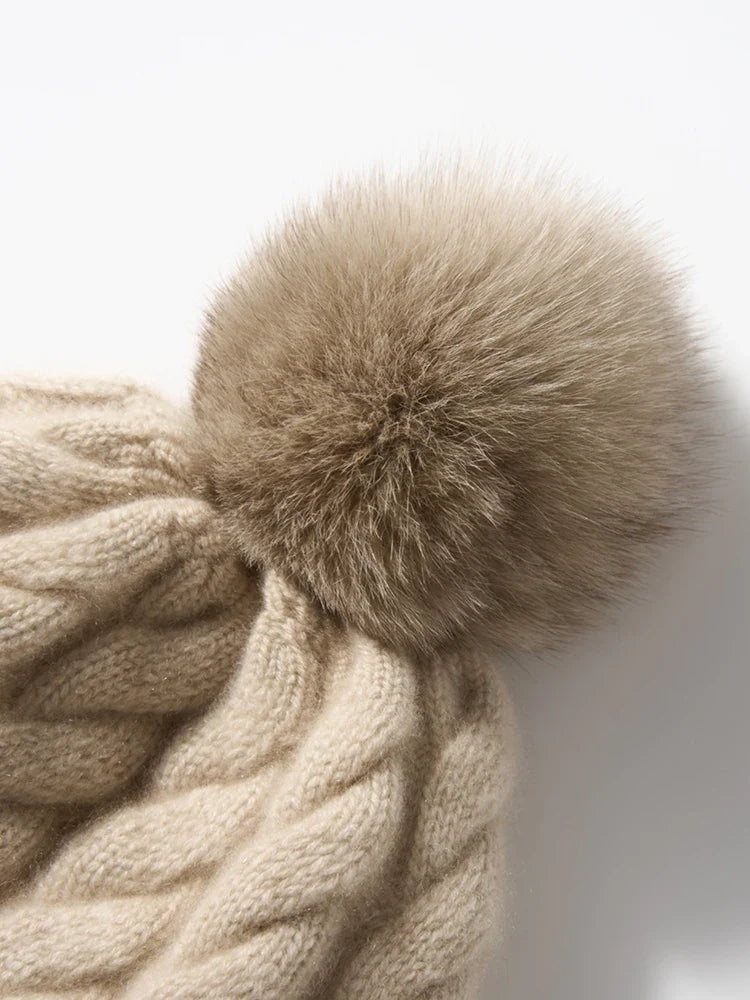 Hand-Knit Cashmere Beanie, Fur Pom