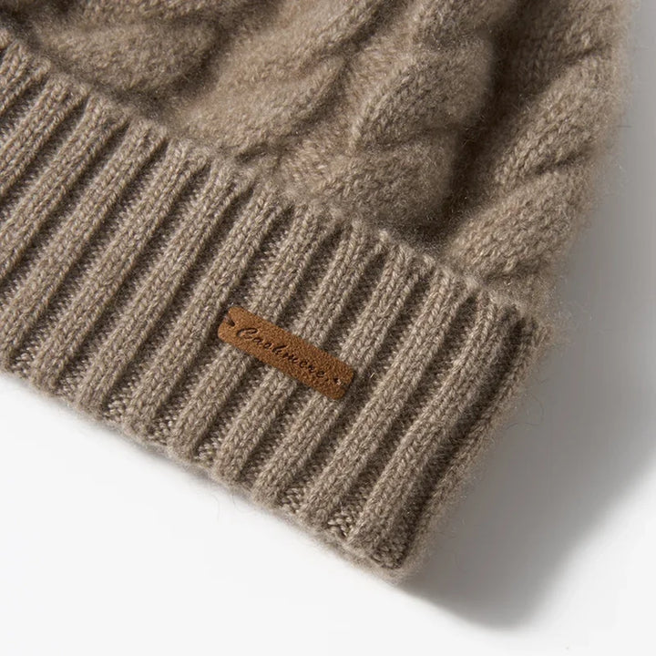 Hand-Knit Cashmere Beanie, Fur Pom